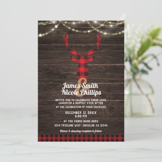Rustieke Plaid Deer Antlers Hout & String Lights Kaart (Staand voorkant)
