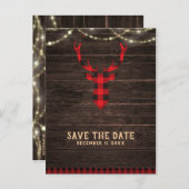 Rustieke Plaid Deer Antlers & Lights Save the Date Aankondigingskaart (Voorkant / Achterkant)