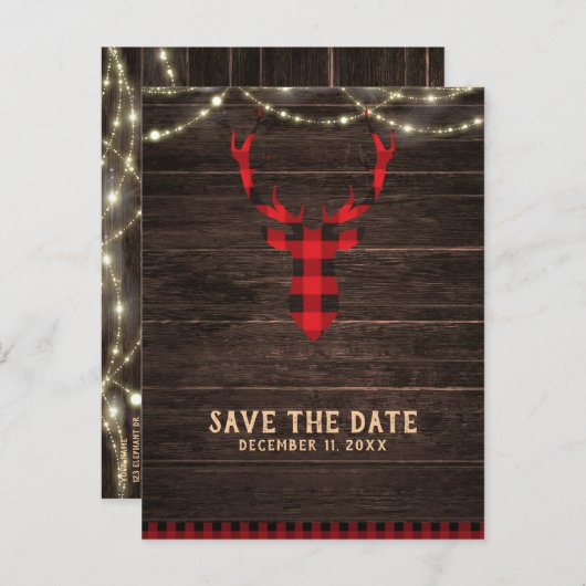 Rustieke Plaid Deer Antlers & Lights Save the Date Aankondigingskaart (Voorkant / Achterkant)