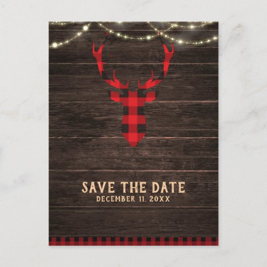 Rustieke Plaid Deer Antlers & Lights Save the Date Aankondigingskaart (Voorkant)