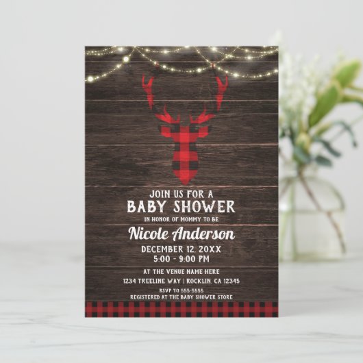 Rustieke Plaid Deer Antlers Wood Lights Baby showe Kaart (Staand voorkant)