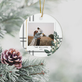Rustieke Plaid Greenery Vakantiefoto Keramisch Ornament