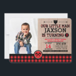 Rustieke Plaid Lumberjack Kids Verjaardag met foto Kaart<br><div class="desc">Robuust en rustiek,  deze houthakker kleine man uitnodiging beschikt over handtekening rood en zwart plaid,  houtnerf,  en een burly man baard om de verjaardag van uw kleine man te vieren. Voeg zijn afbeelding toe voor een persoon touch!</div>