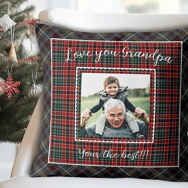 Rustieke Plaid Opa Foto Gift Kussen (Rustic Plaid Grandpa Photo Gift Throw Pillow)