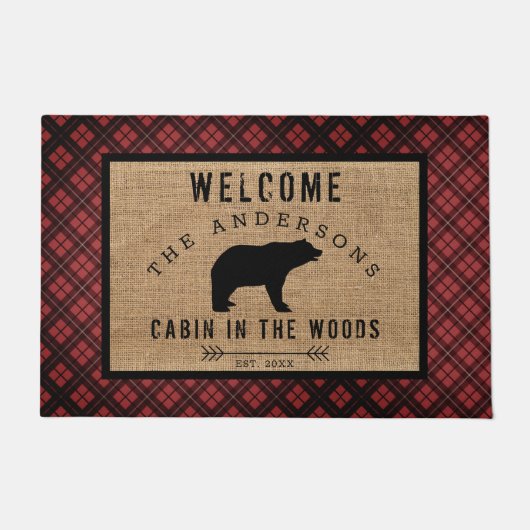 Rustieke Plaid Pattern Beer Welkom Cabin in Bossen Deurmat (Voorkant)
