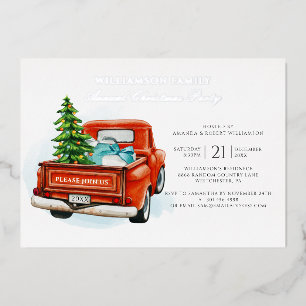 Rustieke Plaid Rode Truck Kerstfeest Zilver Folie Uitnodiging