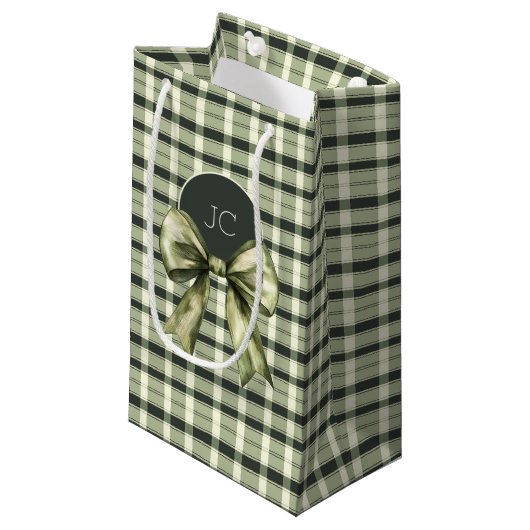 Rustieke Plaid Waterverf Bow Modern Green Monogram Klein Cadeauzakje (Voorkant Gekanteld)