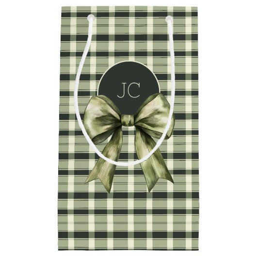 Rustieke Plaid Waterverf Bow Modern Green Monogram Klein Cadeauzakje (Voorkant)