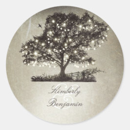 Rustieke Plattelandsboom en Lichten Bruiloft Ronde Sticker