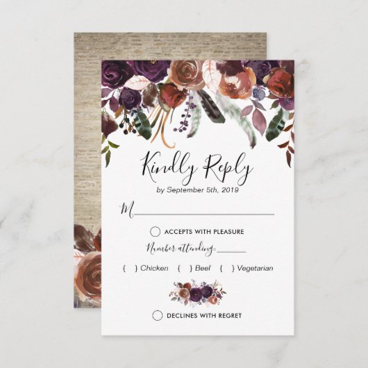 Rustieke Plum Bloemen Voedsel Keuze Trouwen RSVP Kaartje (Voorkant / Achterkant)