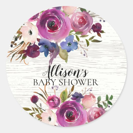 Rustieke Plum Blue Floral Baby shower Envelope Sea Ronde Sticker (Voorkant)