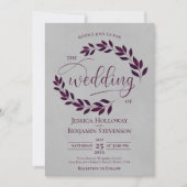 Rustieke Plum Paarse Bladeren Elegante Grey Weddin Kaart (Voorkant)