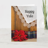 Rustieke Poinsettia Bloem en geruite Happy Yule Feestdagen Kaart (Voorkant)