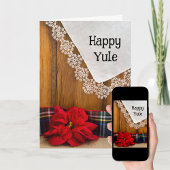 Rustieke Poinsettia Bloem en geruite Happy Yule Feestdagen Kaart