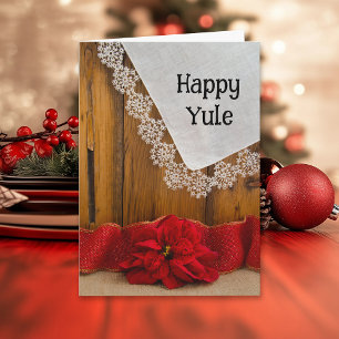 Rustieke Poinsettia Bloem en Rood Lint Happy Yule Feestdagen Kaart