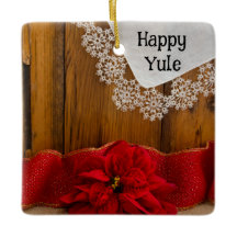 Rustieke Poinsettia Bloem en Rood Lint Happy Yule