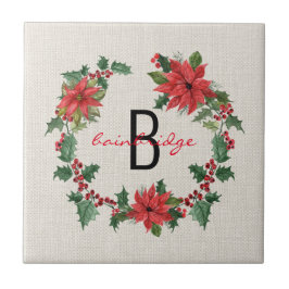 Rustieke Poinsettia & Holly Krans Monogrammed Tegeltje