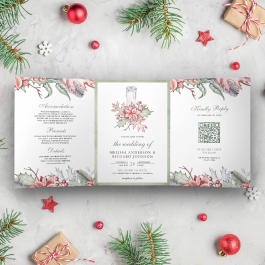 Rustieke Poinsettia Kerstkaars QR Code Bruiloft Drieluik Uitnodiging