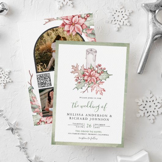 Rustieke Poinsettia Kerstkaars QR Code Bruiloft Kaart