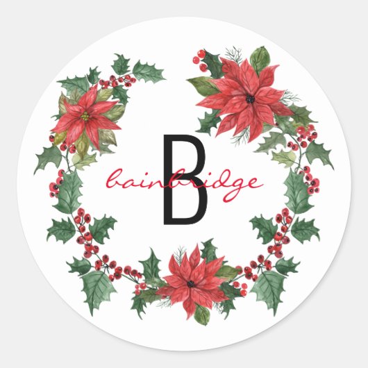 Rustieke Poinsettia krans Monogrammed Kerstmis Ronde Sticker (Voorkant)