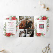 Rustieke Poinsettia QR Code Kerst Huwelijk Drieluik Uitnodiging (Binnen)
