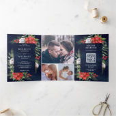 Rustieke Poinsettia QR Code Kerstmis Marine Huweli Drieluik Uitnodiging (Binnen)