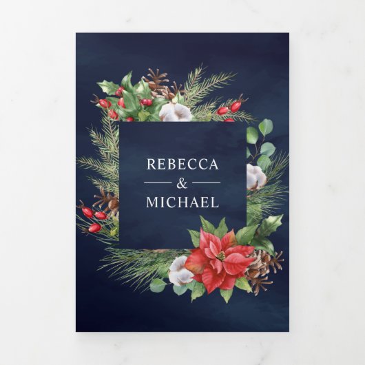 Rustieke Poinsettia QR Code Kerstmis Marine Huweli Drieluik Uitnodiging (Cover)