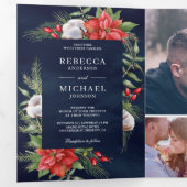 Rustieke Poinsettia QR Code Kerstmis Marine Huweli Drieluik Uitnodiging (Binnenzijde eerst)
