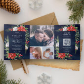 Rustieke Poinsettia QR Code Kerstmis Marine Huweli Drieluik Uitnodiging