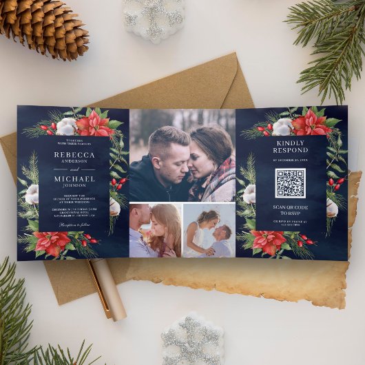 Rustieke Poinsettia QR Code Kerstmis Marine Huweli Drieluik Uitnodiging