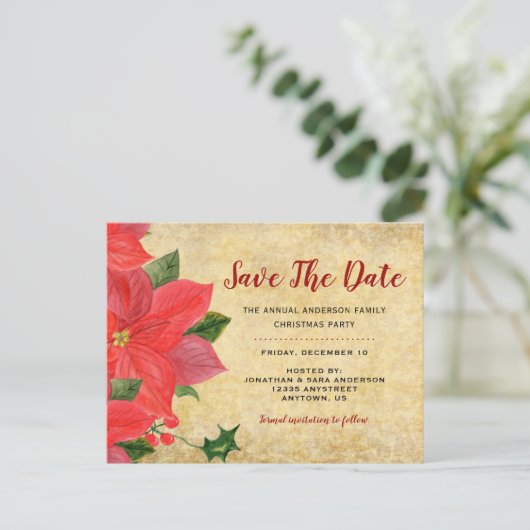 Rustieke Poinsettia | Sla de datum op Kerstfeestje Aankondigingskaart (Staand voorkant)
