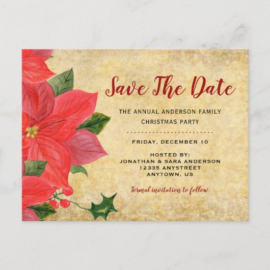 Rustieke Poinsettia | Sla de datum van het Kerstfe Aankondigingskaart (Voorkant)