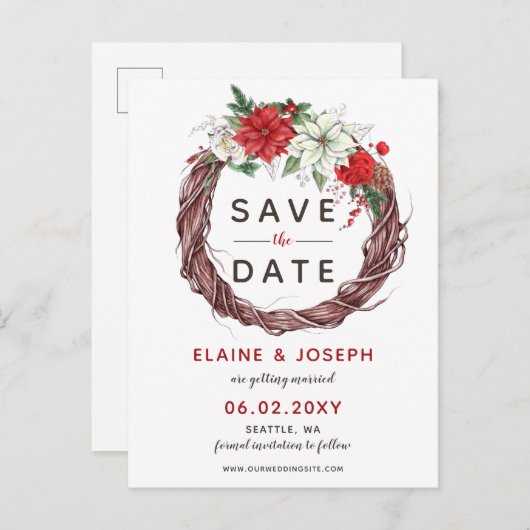 Rustieke Poinsettia Winter Foliage Save the Date Aankondigingskaart (Voorkant / Achterkant)