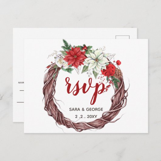 Rustieke Poinsettia Winter gebladerte Pine conus r Uitnodiging Briefkaart (Voorkant / Achterkant)