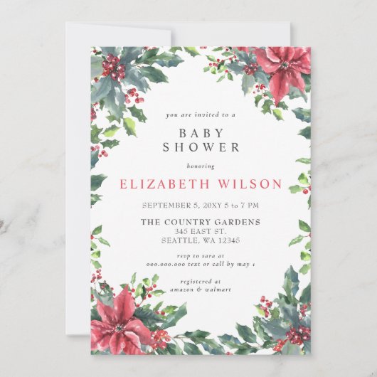 Rustieke Poinsettias Holly Christmas Baby shower Kaart (Voorkant)