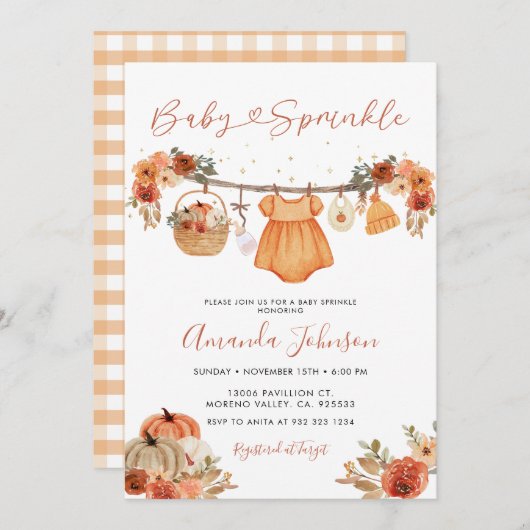 Rustieke Pompoen Baby Kleding Baby Sprinkle Kaart (Voorkant / Achterkant)