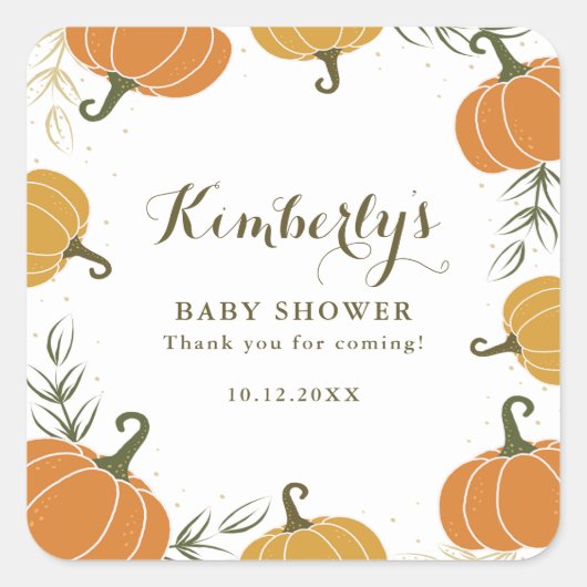 Rustieke pompoen & bladeren Baby shower Dank u Vierkante Sticker (Voorkant)