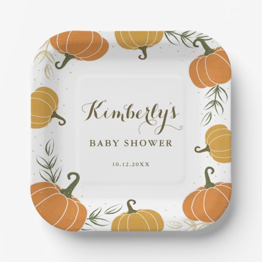 Rustieke Pompoen & Bladeren Genderneutraal Baby sh Papieren Bordje (Voorkant)