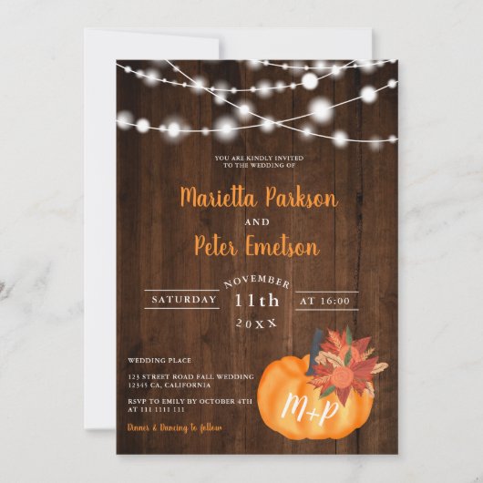 Rustieke pompoen bloemenhouten lichten vallen brui kaart (Voorkant)