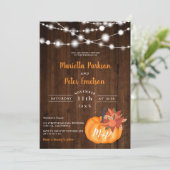 Rustieke pompoen bloemenhouten lichten vallen brui kaart (Staand voorkant)