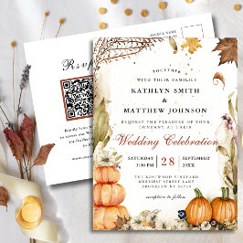 Rustieke Pompoen Botanische Herfst Bruiloft QR cod Uitnodiging Briefkaart