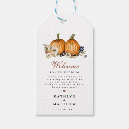 Rustieke pompoen botanische herfst bruiloft welkom cadeaulabel (Voorkant)