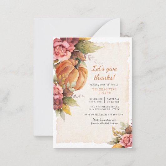 Rustieke pompoen Geef Bedankt Thanksgiving Diner Notitiekaartje (Voorkant)