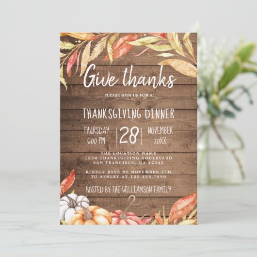 Rustieke Pompoen Gouden Blad Thanksgiving Diner Kaart (Staand voorkant)