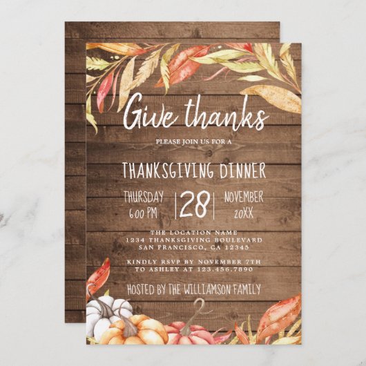 Rustieke Pompoen Gouden Blad Thanksgiving Diner Kaart (Voorkant / Achterkant)