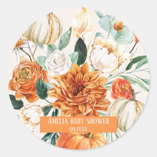 Rustieke Pompoen Herfst bloemenherfst Baby shower Ronde Sticker (Voorkant)