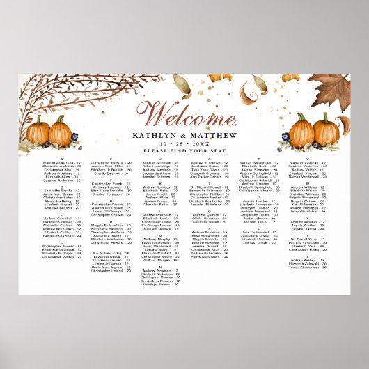 Rustieke pompoen herfst bruiloft alfabetische zitp poster (Voorkant)