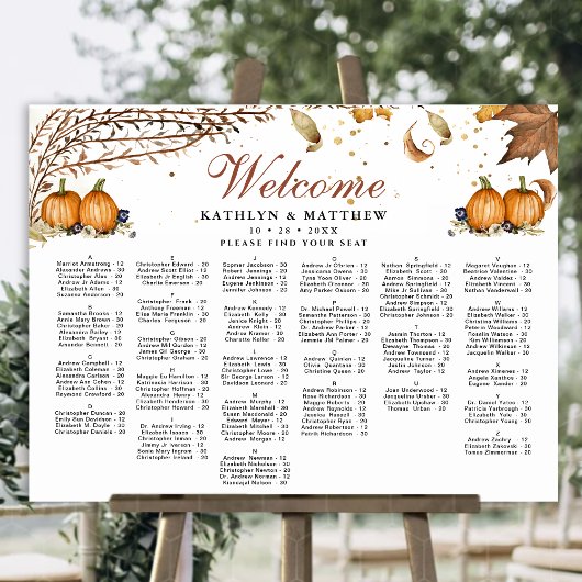 Rustieke pompoen herfst bruiloft alfabetische zitp poster