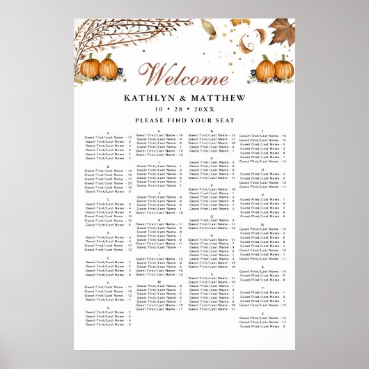 Rustieke pompoen herfst bruiloft alfabetische zitp poster (Voorkant)