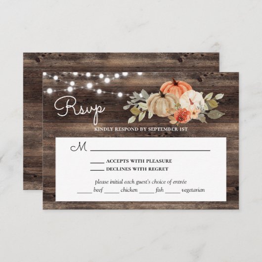 Rustieke Pompoen Herfst Houten Bruiloft Met Maalti RSVP Kaartje (Voorkant / Achterkant)
